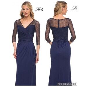 La Femme 30028 Navy Blue Jersey Formal Maxi Dress NWT Sz 14 New